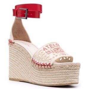 😍NEW in Box-VALENTINO Garavani Canvas Natural/Red Espadrille Wedges 41